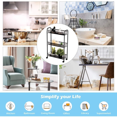 3-Tier Rolling Storage Rack Cart Organizer, Utility Mobile Metal Mesh Trolley with Wire Basket Shelving, Cart on Wheels for Kitchen Office Bathroom,