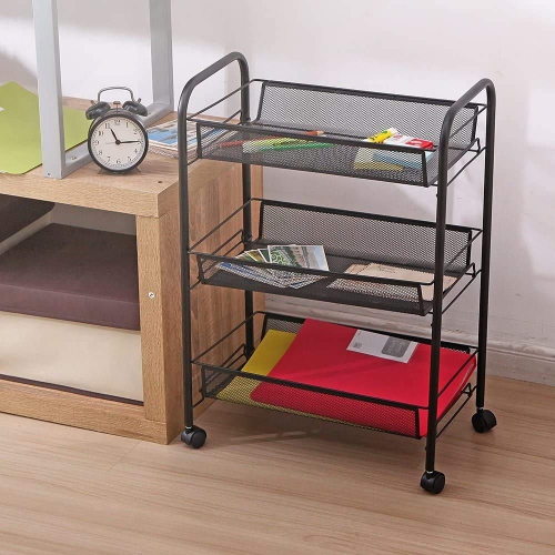 3-Tier Rolling Storage Rack Cart Organizer, Utility Mobile Metal Mesh Trolley with Wire Basket Shelving, Cart on Wheels for Kitchen Office Bathroom,