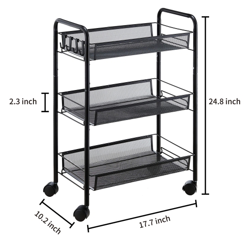 3-Tier Rolling Storage Rack Cart Organizer, Utility Mobile Metal Mesh Trolley with Wire Basket Shelving, Cart on Wheels for Kitchen Office Bathroom,