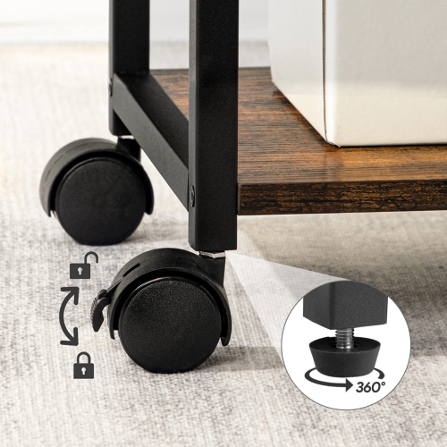 Mobile Printer Stand, 3-Tier Printer Cart Under Desk with Storage, Industrial Rolling Cart with 2 Hooks, Sturdy Little Cart on Wheels for Home