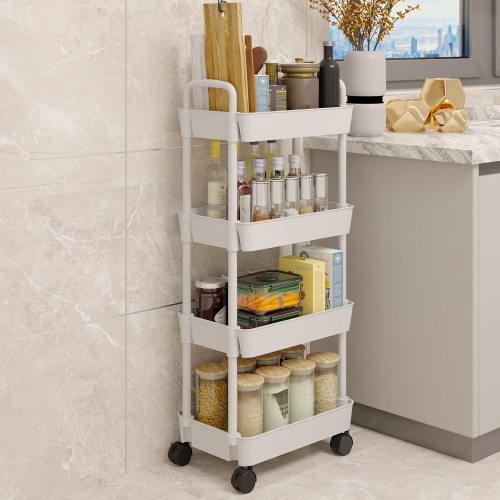 4-Tier Kitchen Rolling Utility Cart,Multifunction Storage Organizer with Handle and 2 Lockable Wheels for Kitchen,Bathroom,Living Room,Office,White