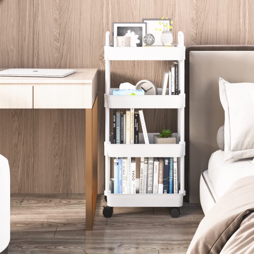 4-Tier Kitchen Rolling Utility Cart,Multifunction Storage Organizer with Handle and 2 Lockable Wheels for Kitchen,Bathroom,Living Room,Office,White