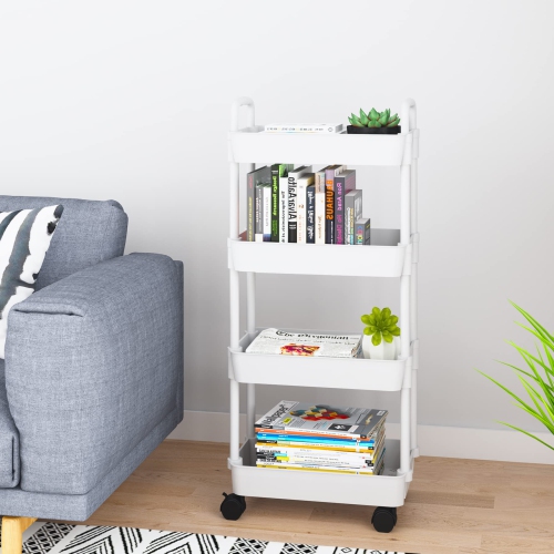 4-Tier Kitchen Rolling Utility Cart,Multifunction Storage Organizer with Handle and 2 Lockable Wheels for Kitchen,Bathroom,Living Room,Office,White