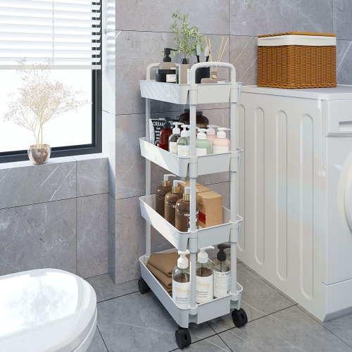 4-Tier Kitchen Rolling Utility Cart,Multifunction Storage Organizer with Handle and 2 Lockable Wheels for Kitchen,Bathroom,Living Room,Office,White