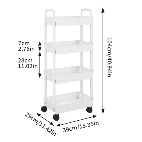 4-Tier Kitchen Rolling Utility Cart,Multifunction Storage Organizer with Handle and 2 Lockable Wheels for Kitchen,Bathroom,Living Room,Office,White