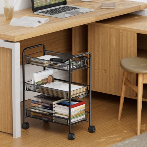 Mesh Wire Rolling Cart, 3 tier Kitchen Storage Utility Cart, Multifunction Basket Stand for Bathroom Office File Cart, Full Metal Storage Organizer