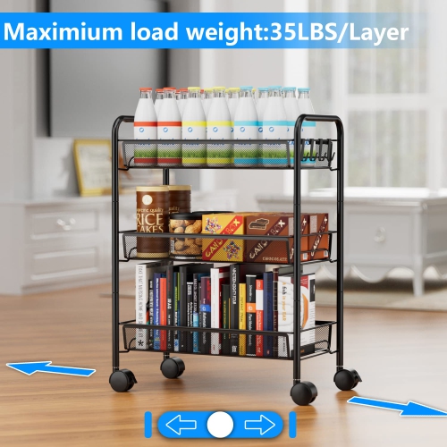 Mesh Wire Rolling Cart, 3 tier Kitchen Storage Utility Cart, Multifunction Basket Stand for Bathroom Office File Cart, Full Metal Storage Organizer