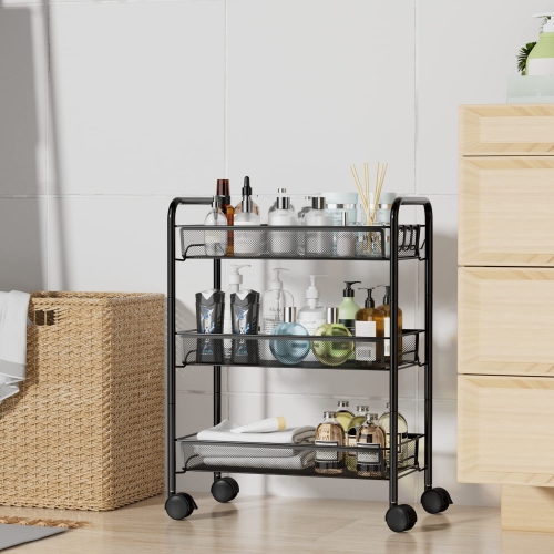 Mesh Wire Rolling Cart, 3 tier Kitchen Storage Utility Cart, Multifunction Basket Stand for Bathroom Office File Cart, Full Metal Storage Organizer