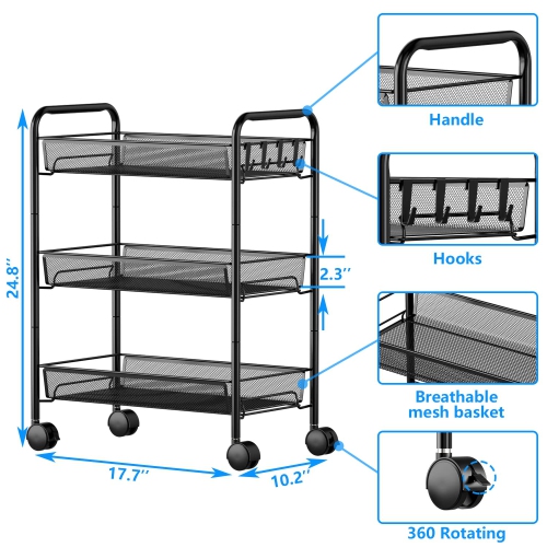 Mesh Wire Rolling Cart, 3 tier Kitchen Storage Utility Cart, Multifunction Basket Stand for Bathroom Office File Cart, Full Metal Storage Organizer