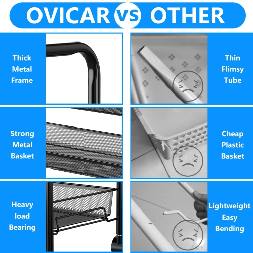 Mesh Wire Rolling Cart, 3 tier Kitchen Storage Utility Cart, Multifunction Basket Stand for Bathroom Office File Cart, Full Metal Storage Organizer