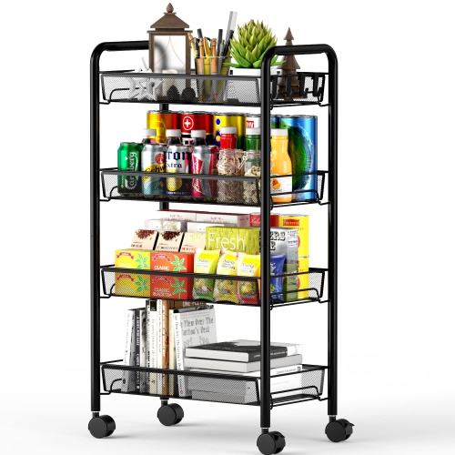 Mesh Wire Rolling Cart, 4 Tier Kitchen Storage Utility Cart, Multifunction Basket Stand for Bathroom Office, Full Metal Storage Organizer Art Trolley