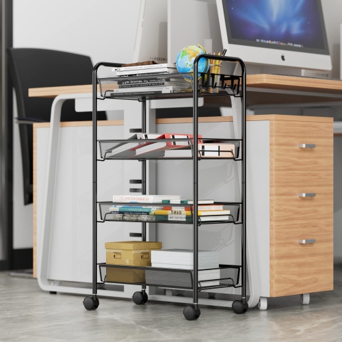 Mesh Wire Rolling Cart, 4 Tier Kitchen Storage Utility Cart, Multifunction Basket Stand for Bathroom Office, Full Metal Storage Organizer Art Trolley