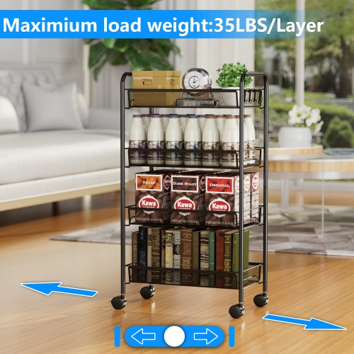 Mesh Wire Rolling Cart, 4 Tier Kitchen Storage Utility Cart, Multifunction Basket Stand for Bathroom Office, Full Metal Storage Organizer Art Trolley