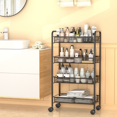 Mesh Wire Rolling Cart, 4 Tier Kitchen Storage Utility Cart, Multifunction Basket Stand for Bathroom Office, Full Metal Storage Organizer Art Trolley
