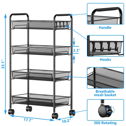 Mesh Wire Rolling Cart, 4 Tier Kitchen Storage Utility Cart, Multifunction Basket Stand for Bathroom Office, Full Metal Storage Organizer Art Trolley