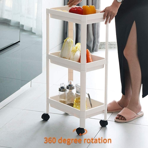 4 Tier Utility Rolling Cart, Plastic Rolling Storage Cart with Handle and Locking Wheels, Multifunction Storage Trolley for Kitchen, Bathroom,