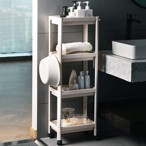 4 Tier Utility Rolling Cart, Plastic Rolling Storage Cart with Handle and Locking Wheels, Multifunction Storage Trolley for Kitchen, Bathroom,