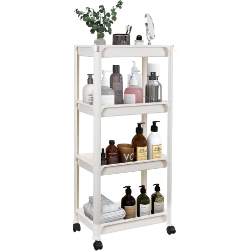 4 Tier Utility Rolling Cart, Plastic Rolling Storage Cart with Handle and Locking Wheels, Multifunction Storage Trolley for Kitchen, Bathroom,