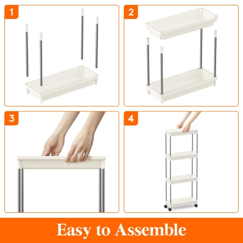 Slim Storage Rolling Cart, 4Tier Slide-Out Trolley Utility Rack Shelf Organizer with Wheels for Bathroom Kitchen Laundryroom Bedroom Narrow Space