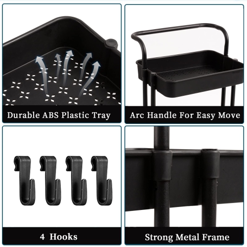 Chariot utilitaire roulant à 3 niveaux, chariot à bar avec crochets et poignées tablettes de rangement Chariot de service pour cuisine, salle de