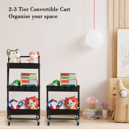 Chariot utilitaire roulant à 3 niveaux, chariot à bar avec crochets et poignées tablettes de rangement Chariot de service pour cuisine, salle de