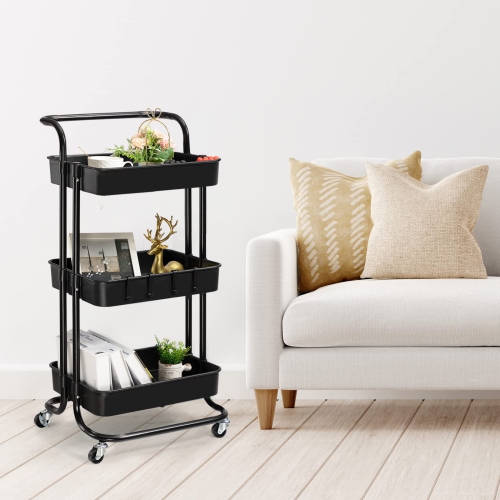 Chariot utilitaire roulant à 3 niveaux, chariot à bar avec crochets et poignées tablettes de rangement Chariot de service pour cuisine, salle de