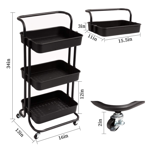 Chariot utilitaire roulant à 3 niveaux, chariot à bar avec crochets et poignées tablettes de rangement Chariot de service pour cuisine, salle de