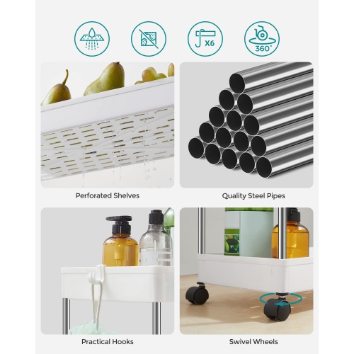 3-Tier Rolling Cart, Storage Rack with Wheels, 15.7 x 8.7 x 23.6 Inches, White UKSC009W01