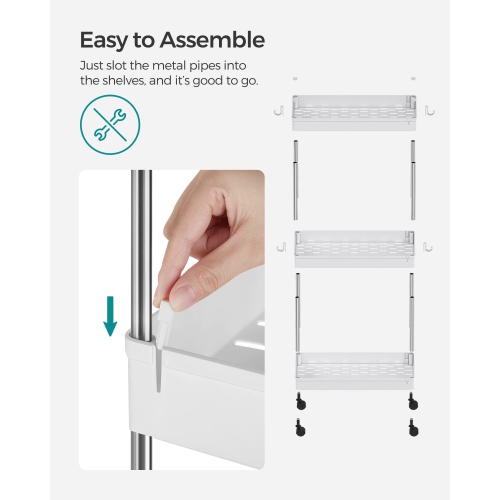 3-Tier Rolling Cart, Storage Rack with Wheels, 15.7 x 8.7 x 23.6 Inches, White UKSC009W01