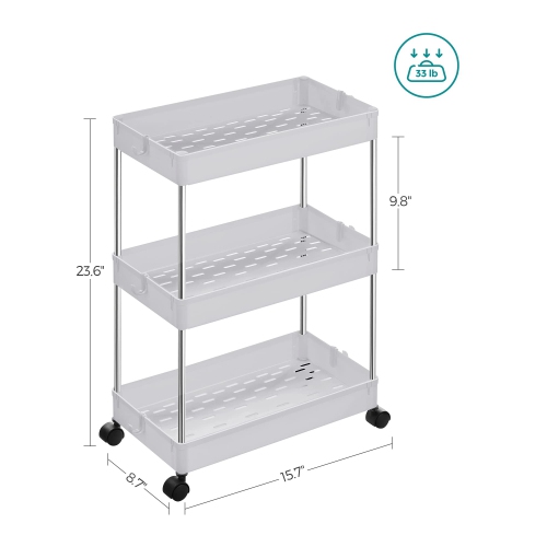 3-Tier Rolling Cart, Storage Rack with Wheels, 15.7 x 8.7 x 23.6 Inches, White UKSC009W01