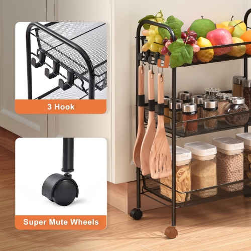 3-Tier Rolling Cart,Easy Assemble Mobile Storage Trolley On Wheels,Slide Out Utility Cart Shelving Units Kitchen Bathroom Laundry Room Pink