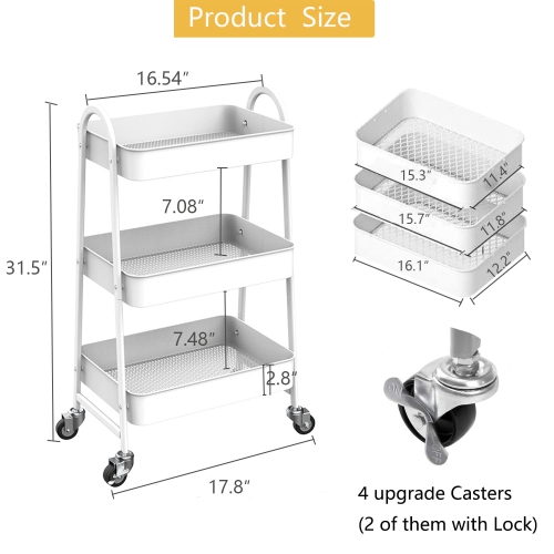 White Color Storage cart,3 Tier Metal Rolling Cart, Utility Cart, Lockable Four Wheels, Multi-Functional Storage Cart for Kitchen, Bathroom,