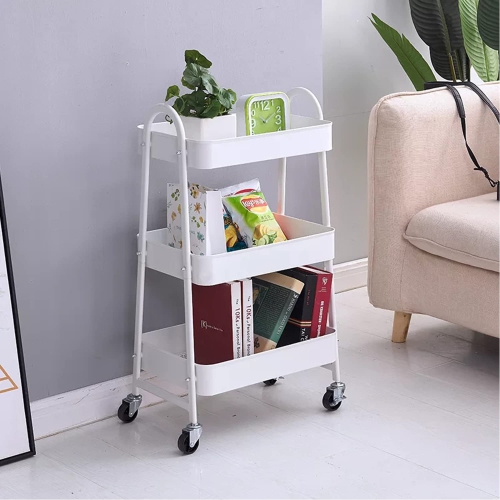 White Color Storage cart,3 Tier Metal Rolling Cart, Utility Cart, Lockable Four Wheels, Multi-Functional Storage Cart for Kitchen, Bathroom,