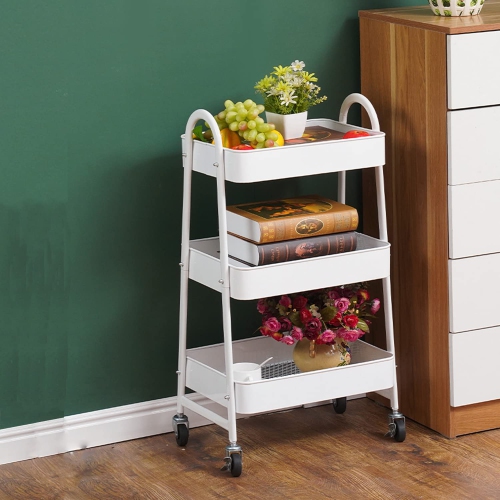 White Color Storage cart,3 Tier Metal Rolling Cart, Utility Cart, Lockable Four Wheels, Multi-Functional Storage Cart for Kitchen, Bathroom,