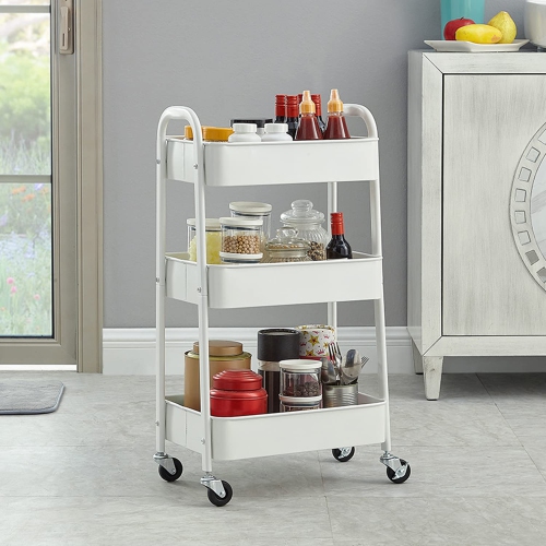 White Color Storage cart,3 Tier Metal Rolling Cart, Utility Cart, Lockable Four Wheels, Multi-Functional Storage Cart for Kitchen, Bathroom,