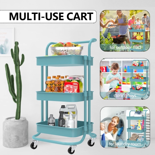 Utility Cart, 3-Tier Rolling Cart, Super Mute Utility Cart with Wheels Lockable, 360-degree Rotation Rolling Cart with Handle ABS Basket, Sturdy