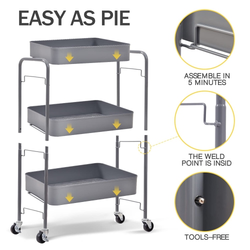 3-Tier Rolling Cart, Metal Utility Cart with Lockable Wheels, Storage Craft Art Cart Trolley Organizer Serving Cart Easy Assembly for Office,