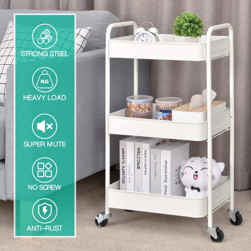 3-Tier Rolling Cart, Metal Utility Cart with Lockable Wheels, Storage Craft Art Cart Trolley Organizer Serving Cart Easy Assembly for Office,