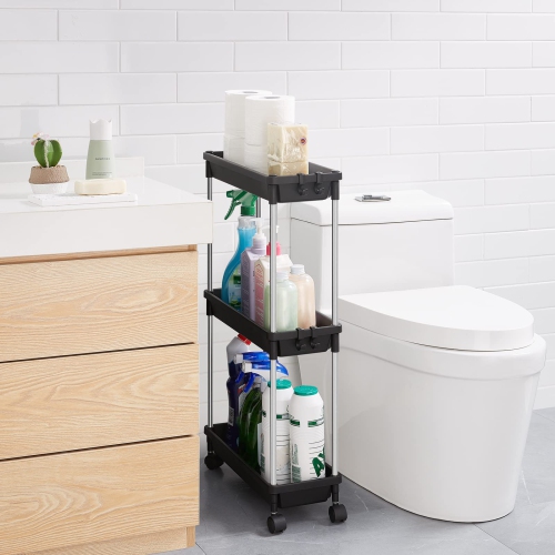 Slim Storage Rolling Cart, 3Tier Slide-Out Trolley Utility Rack Shelf Organizer with Wheels for Bathroom Kitchen Laundryroom Bedroom Narrow Space