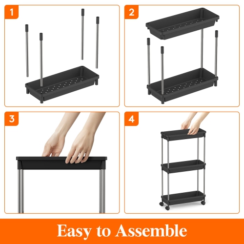 Slim Storage Rolling Cart, 3Tier Slide-Out Trolley Utility Rack Shelf Organizer with Wheels for Bathroom Kitchen Laundryroom Bedroom Narrow Space