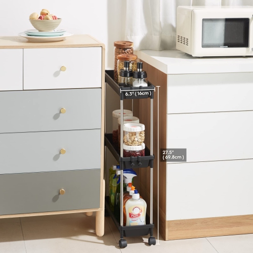 Slim Storage Rolling Cart, 3Tier Slide-Out Trolley Utility Rack Shelf Organizer with Wheels for Bathroom Kitchen Laundryroom Bedroom Narrow Space
