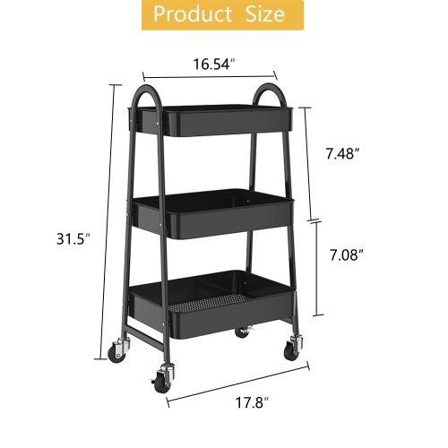 Chariot de rangement noir, chariot à roulettes en métal à 3 niveaux, chariot utilitaire, quatre roues verrouillables, chariot de rangement