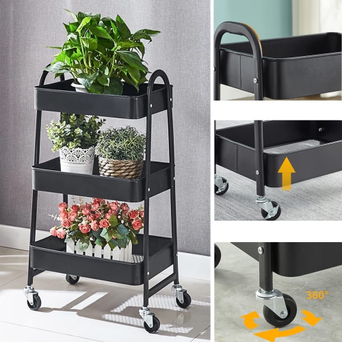 Chariot de rangement noir, chariot à roulettes en métal à 3 niveaux, chariot utilitaire, quatre roues verrouillables, chariot de rangement