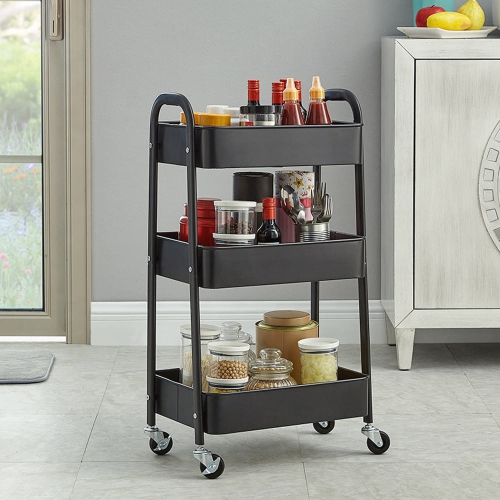 Chariot de rangement noir, chariot à roulettes en métal à 3 niveaux, chariot utilitaire, quatre roues verrouillables, chariot de rangement