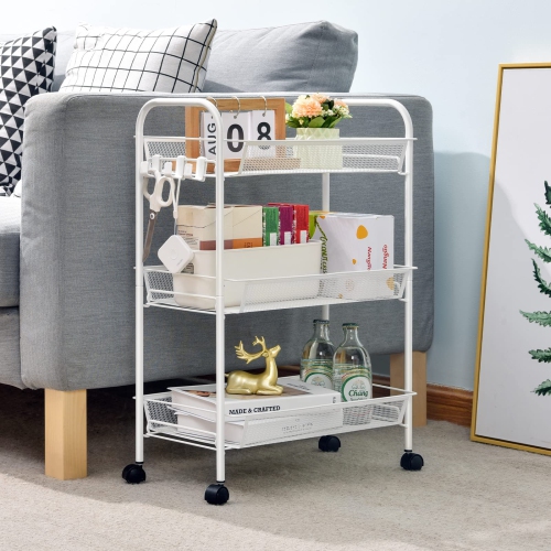 3-Tier Rolling Cart, Easy Assemble Mobile Storage Trolley On Wheels, Slide Out Utility Cart Shelving Units Kitchen Bathroom Laundry Room