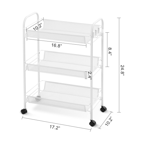 3-Tier Rolling Cart, Easy Assemble Mobile Storage Trolley On Wheels, Slide Out Utility Cart Shelving Units Kitchen Bathroom Laundry Room