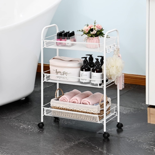 3-Tier Rolling Cart, Easy Assemble Mobile Storage Trolley On Wheels, Slide Out Utility Cart Shelving Units Kitchen Bathroom Laundry Room