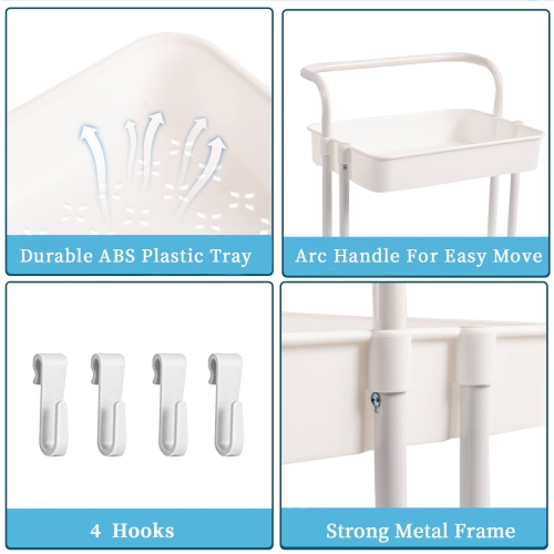 3 Tier Rolling Utility Cart with Hooks & Handle Storage Organization Shelves for Kitchen, Bathroom, Office, Library, Coffee Bar Trolley Service Cart,