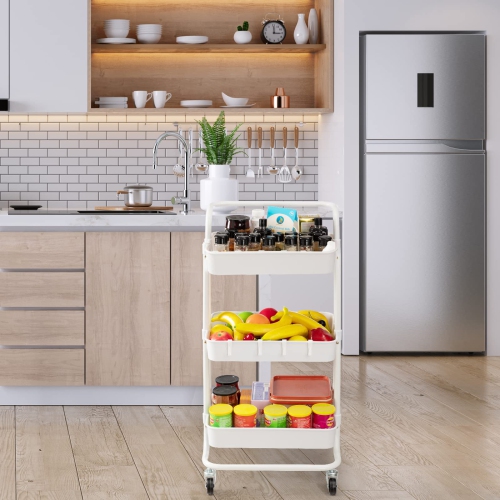3 Tier Rolling Utility Cart with Hooks & Handle Storage Organization Shelves for Kitchen, Bathroom, Office, Library, Coffee Bar Trolley Service Cart,