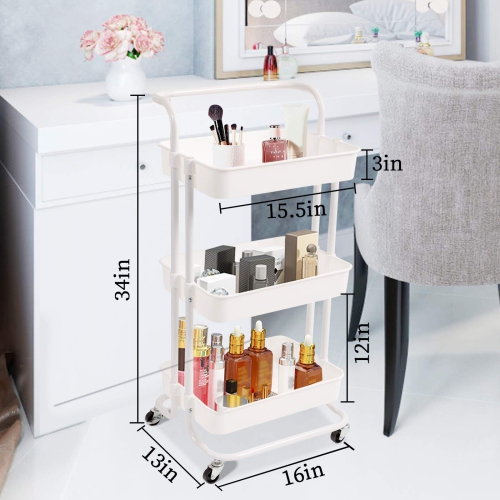 3 Tier Rolling Utility Cart with Hooks & Handle Storage Organization Shelves for Kitchen, Bathroom, Office, Library, Coffee Bar Trolley Service Cart,